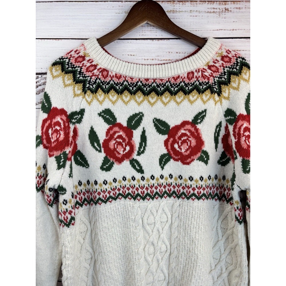 Vintage Y2K Mossimo Rose Cable Knit Sweater M Cottagecore Romantic Fair Isle - Picture 2 of 8